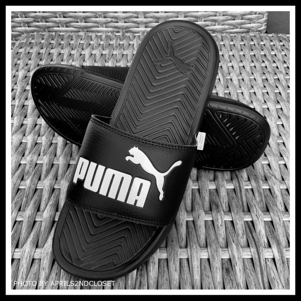 PUMA BLACK SLIDES SANDALS SLIP ONS WHITE CAT A3C - Picture 4 of 8